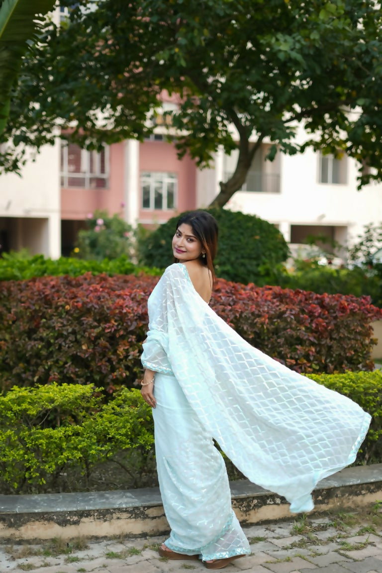 Light Blue Georgette Sequance Embroidery Work Saree with Unstitched Blouse - Vandini