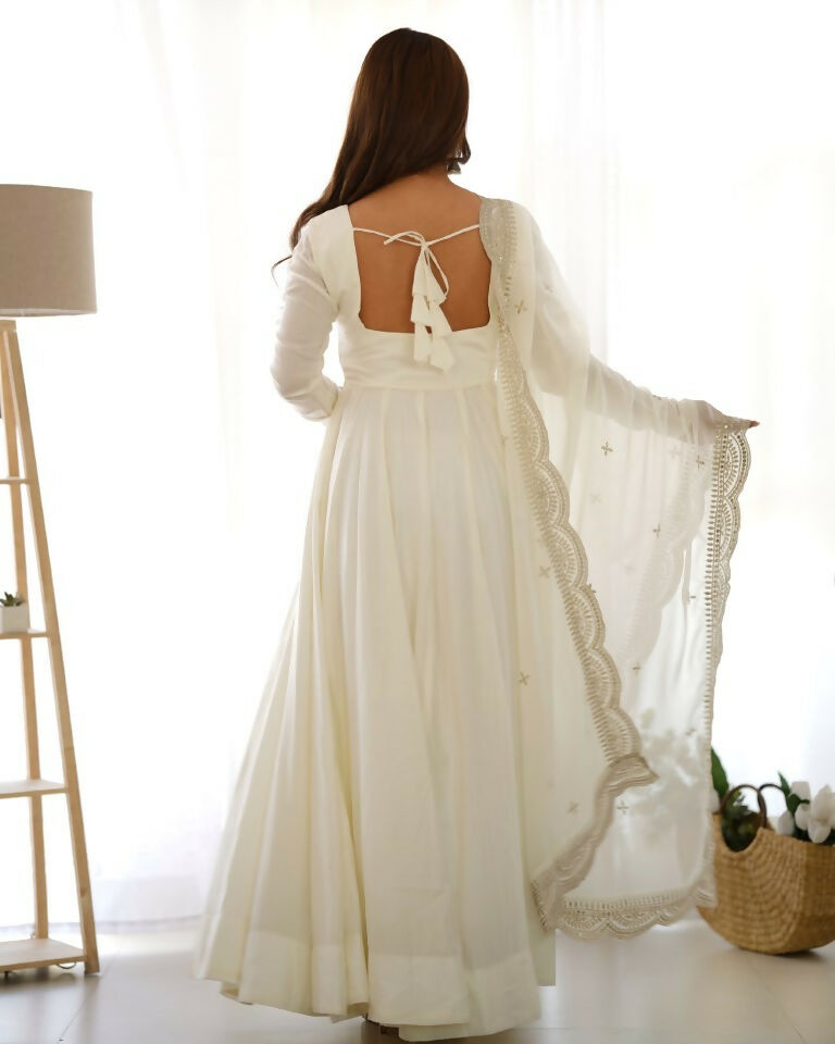 Teeya Creation White Color Pure Roman Silk Chanderi Party Wear Fully Stitched Gown
