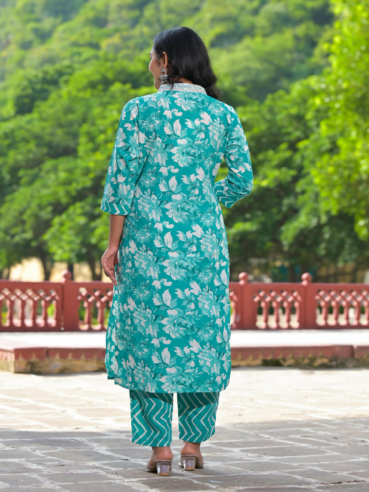 Juniper Women's Rama Green Floral Printed Cotton Kurta Pant With Dupatta Set With Mirror Work & Zari Work