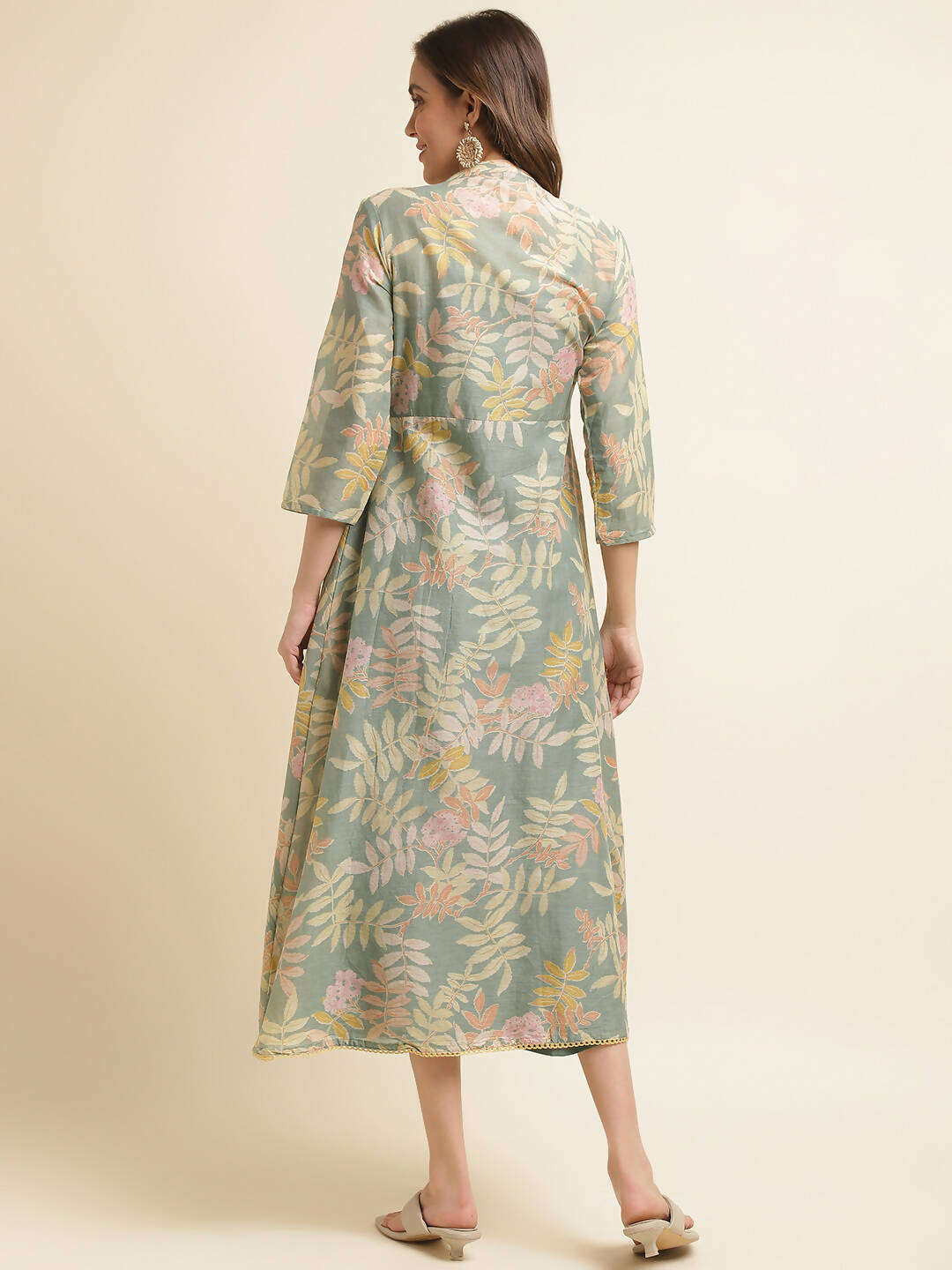 Green Cotton Solid Flared Dress with Printed Shrug - Yukti