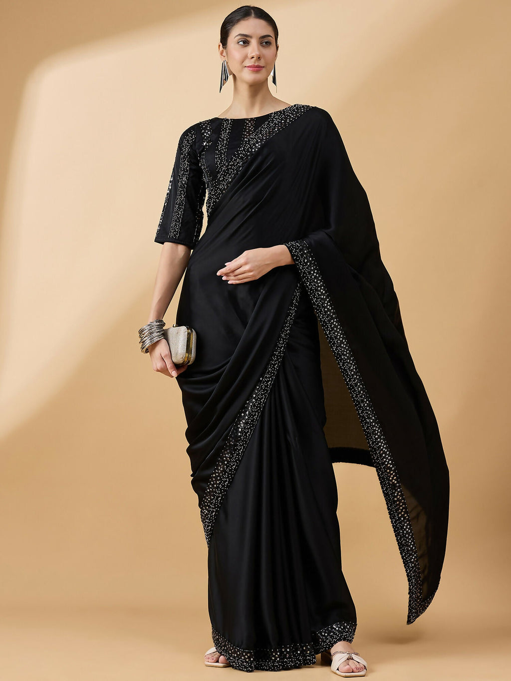 Black Satin Solid Sequence Work Saree with Stitched Blouse - Dharavi