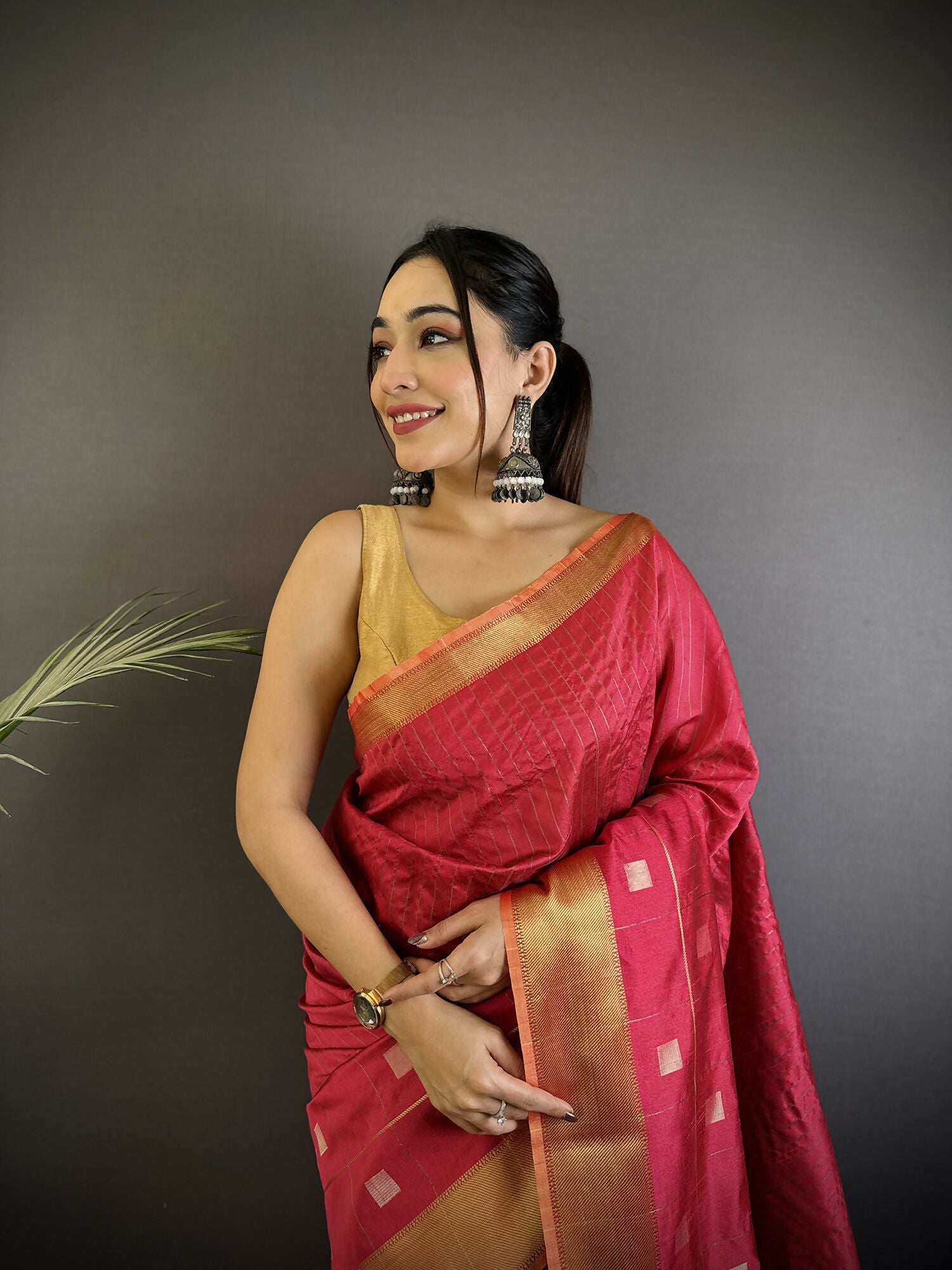 Joban Fashion Hot Pink Bhagalpuri Cotton Silk Stripes/Box Saree
