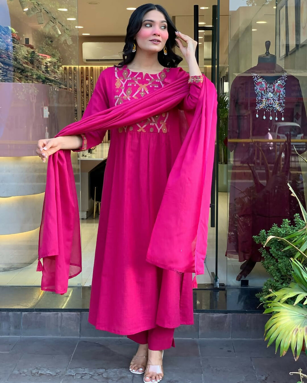 The52 Pink Women's Gorgeous Chanderi Fabric Embroidered Work Straight Kurta Pant and Dupatta Set