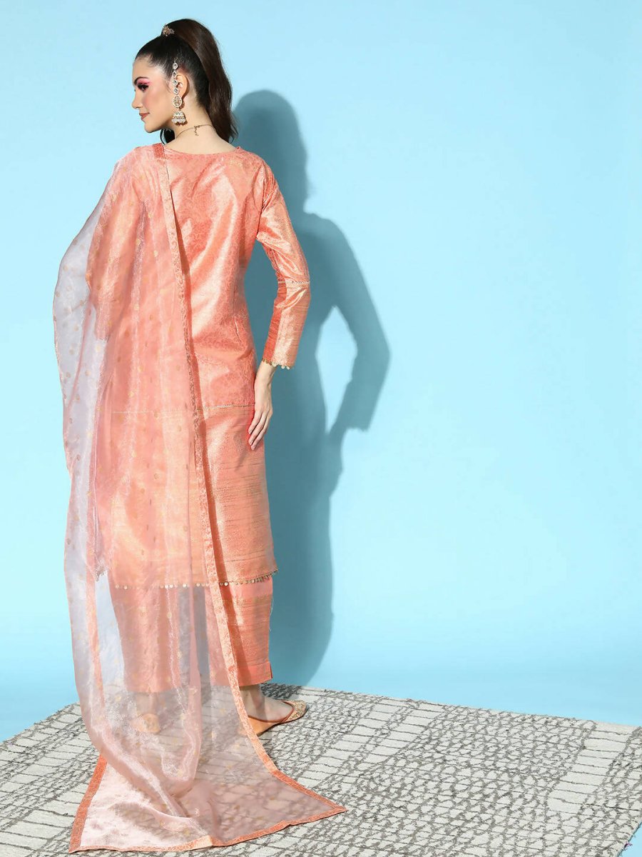 Ahalyaa Women's Peach Colour Poly Silk Printed Kurta Pant Set With Dupatta