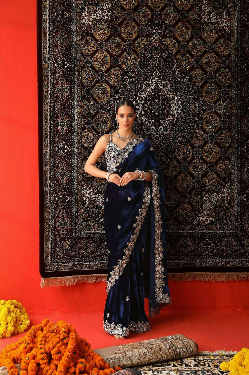 Vastranavya Designer Velvet Sequence & Zari Thread Embroidery work with border and Cutwork Saree - Navy Blue