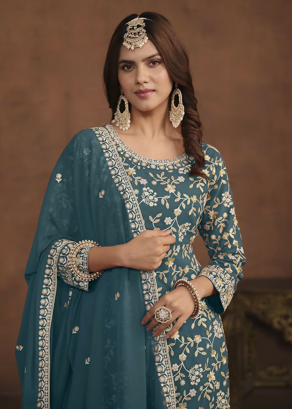 Faux Georgette Teal Blue Embroidered Festive Salwar Suit - Emponline