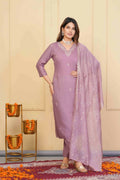Wine Viscose Chanderi Embroidered Stitched Suit With Dupatta - Tanisha