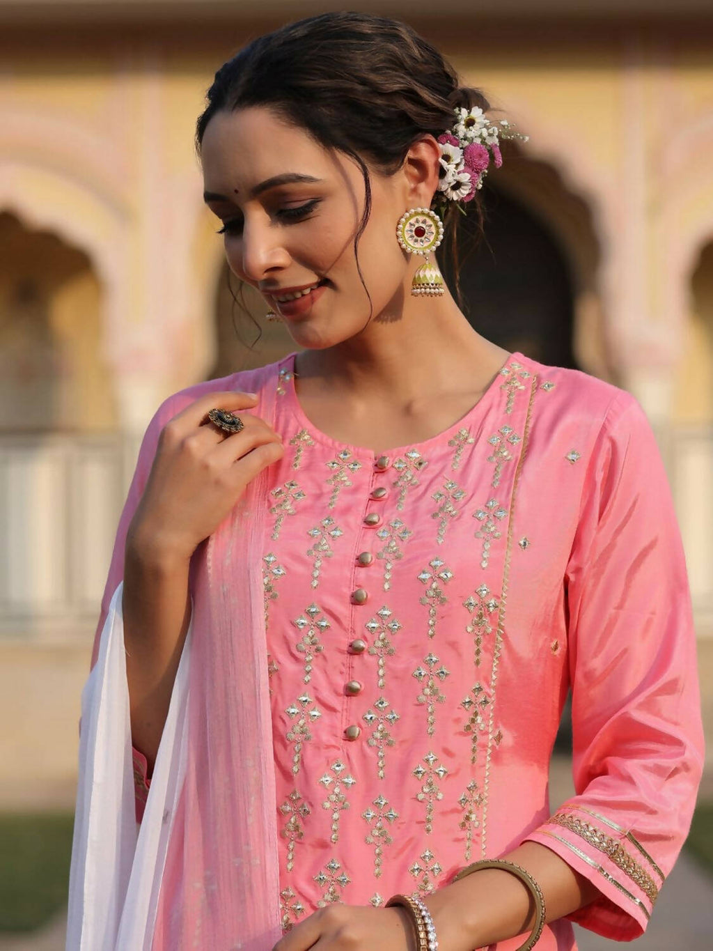 Juniper Women Pink Shantoon Embroidered Kurta, Palazzo and Dupatta Set