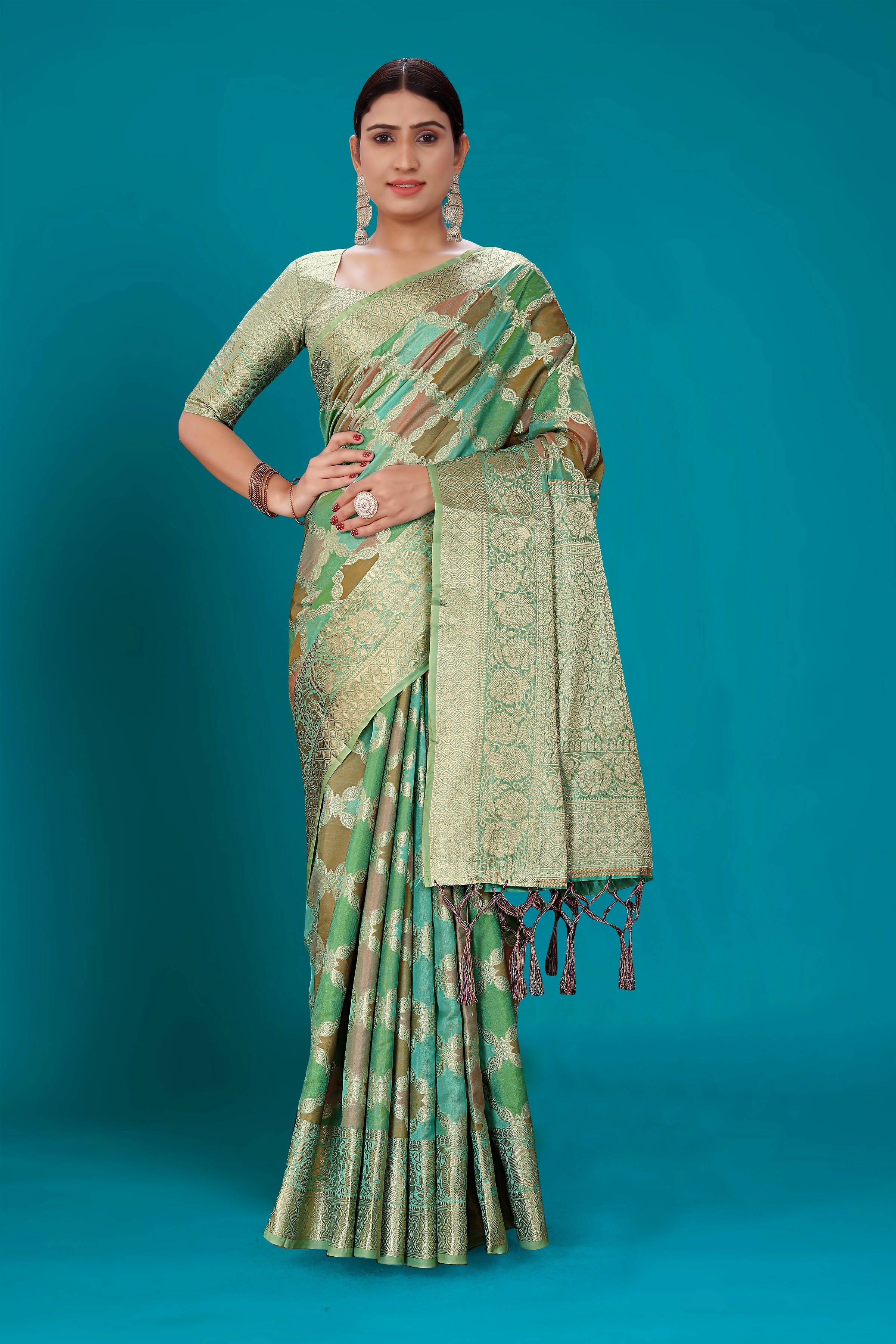 Sea Green Soft Organza Woven Design Saree with Unstitched Blouse Piece - Zaara