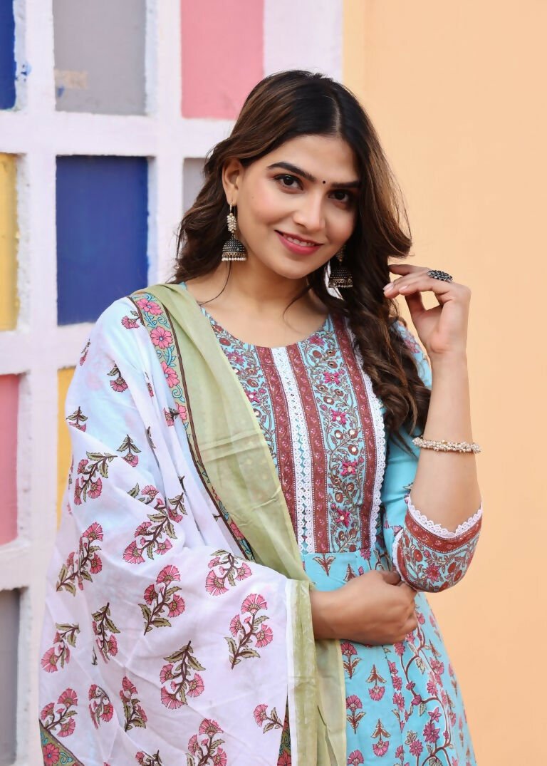 Alvano Printed Anarkali Kurti with Pant and Dupatta Set for Women's and Girls Rayon