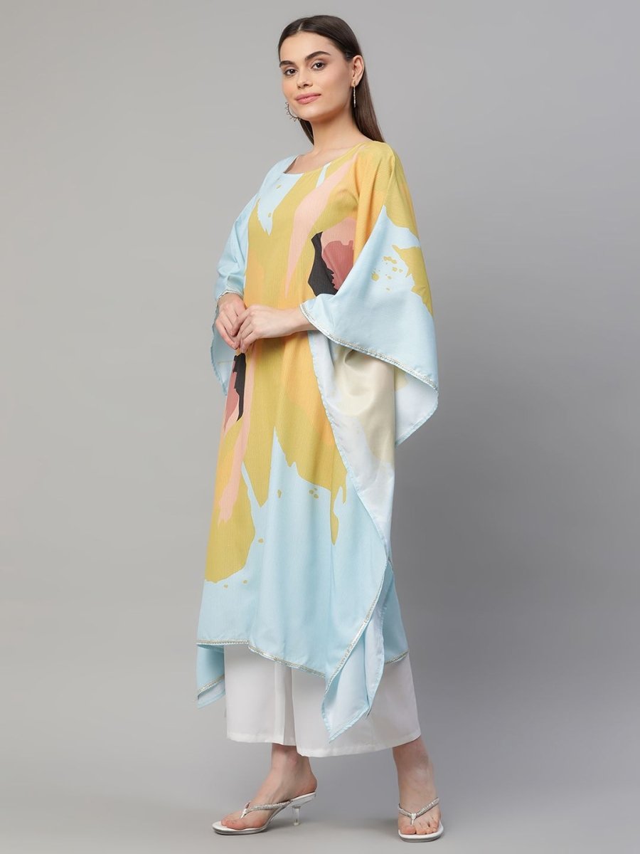 Ahalyaa Women Yellow Crepe Digital Printed Kaftan Kurta with Palazzos