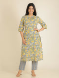 Aramya Straight Soft Cotton Floral Print Women's Kurta Set - Grey