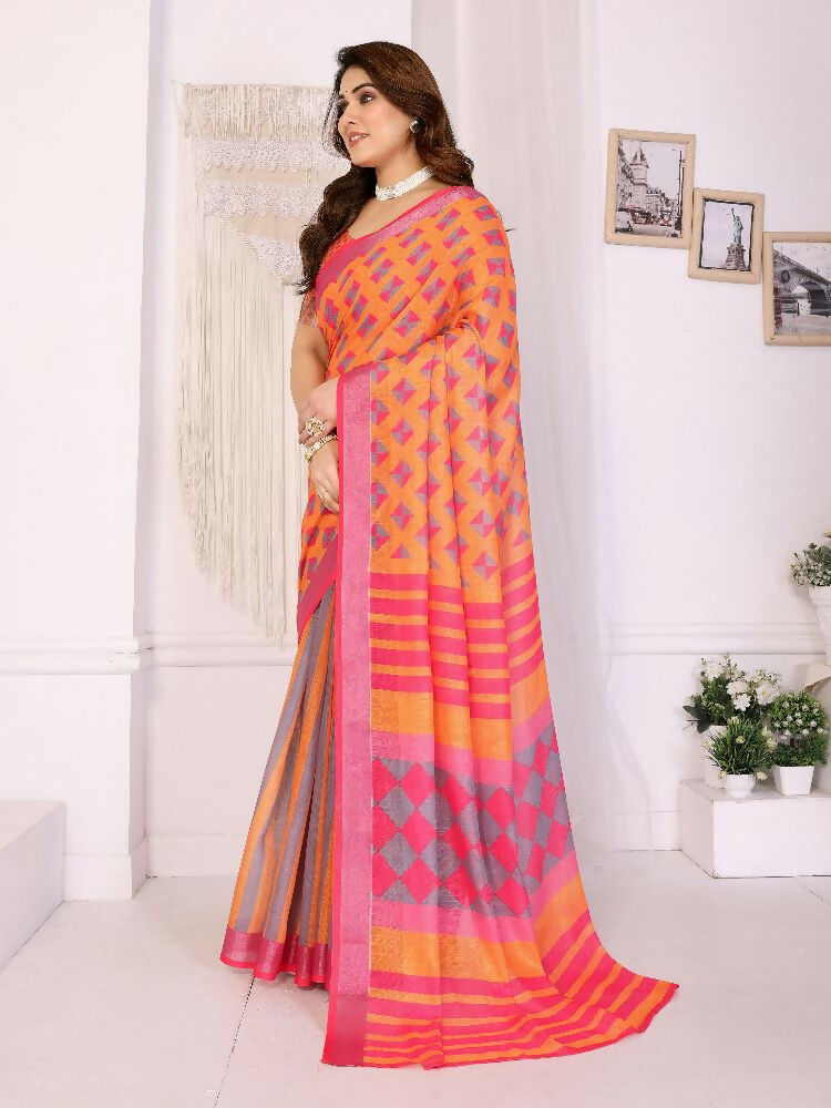 PR Fashion Orange Handloom Linen Cotton Zari Saree