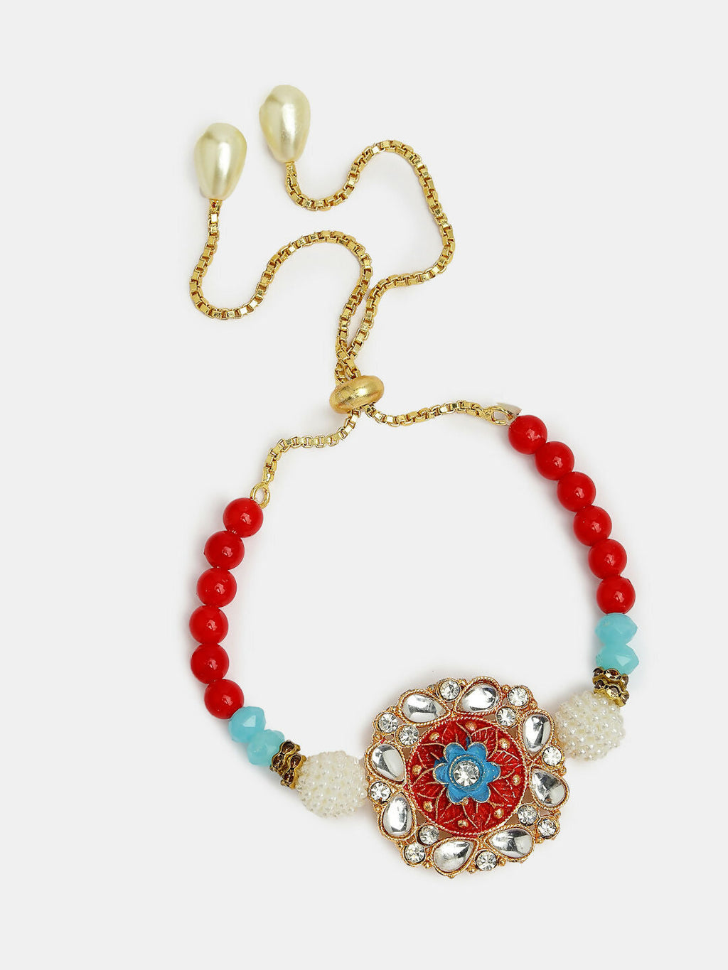 NVR Women & Men Set of 2 Red-colored Stone-Studded & Beaded Bhaiya Bhabhi Rakhi With Roli Chawal
