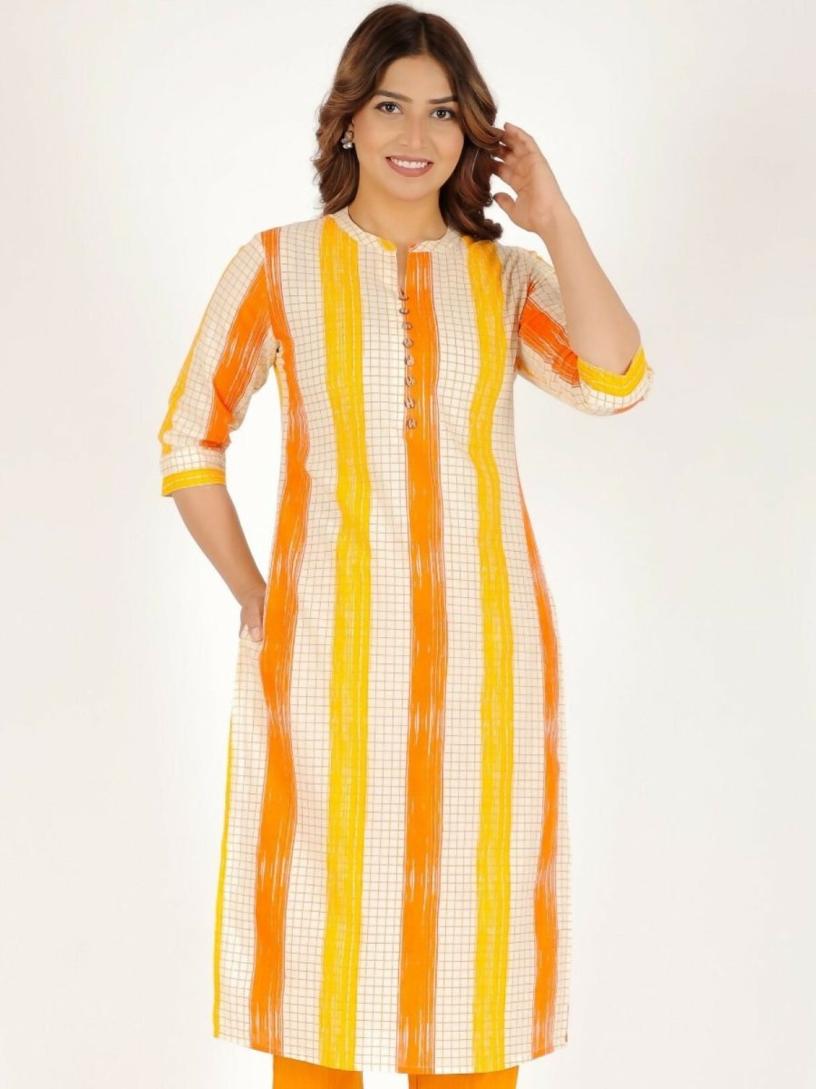 Aramya Yellow Soft Cotton Checkered Straight Kurta for Women