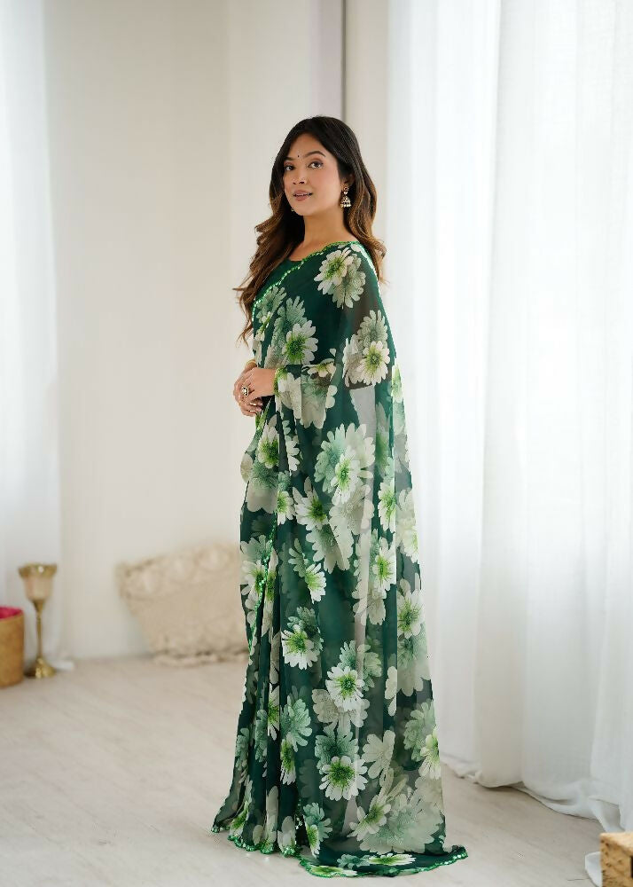 PR Fashion Green Georgette Printed With Mirror Work Saree