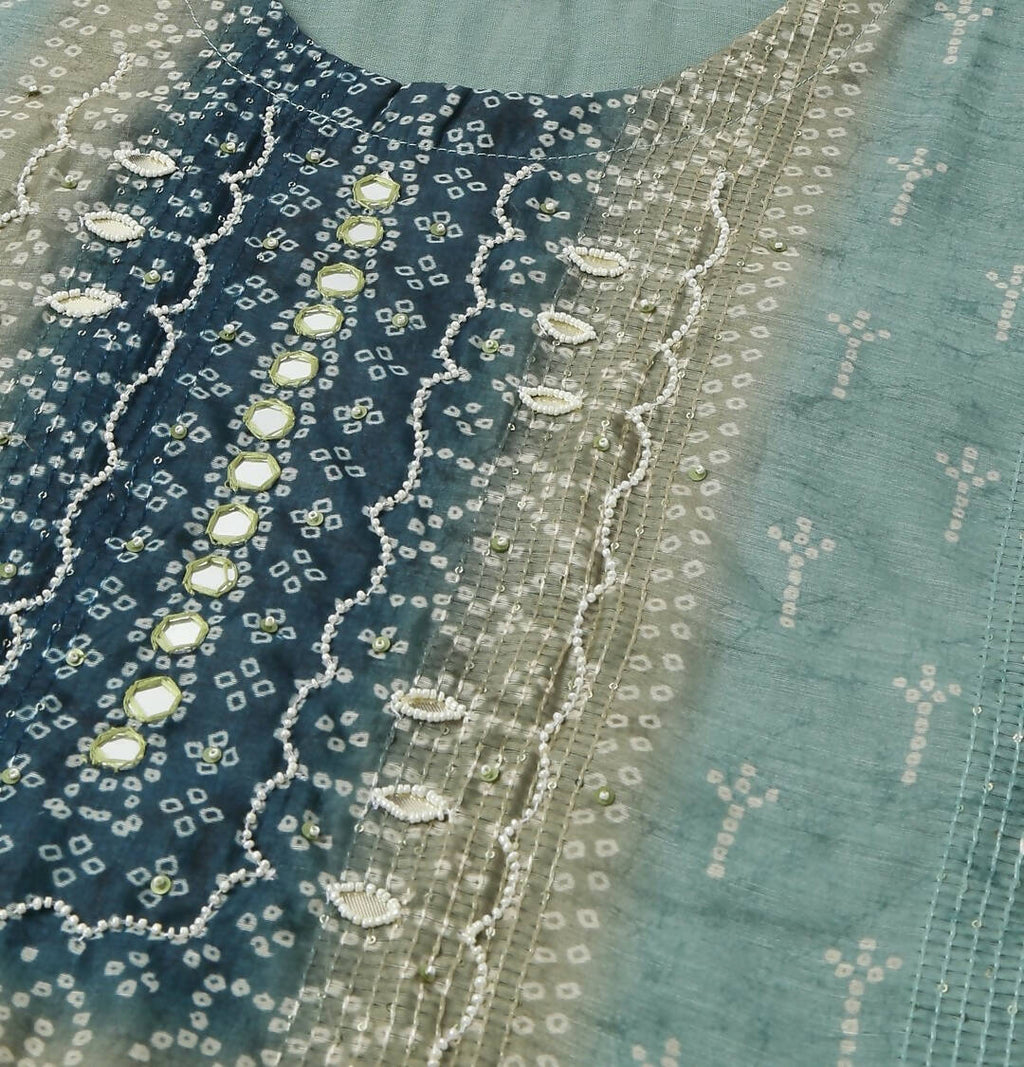 Blue Chinon Digital Printed With Hand Work Kurta - Himanshi