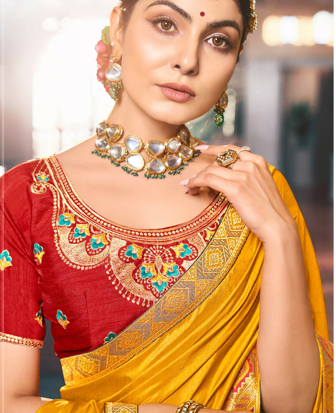 Mustard Solid Vichitra Saree With Unstitched Blouse Piece - Selena