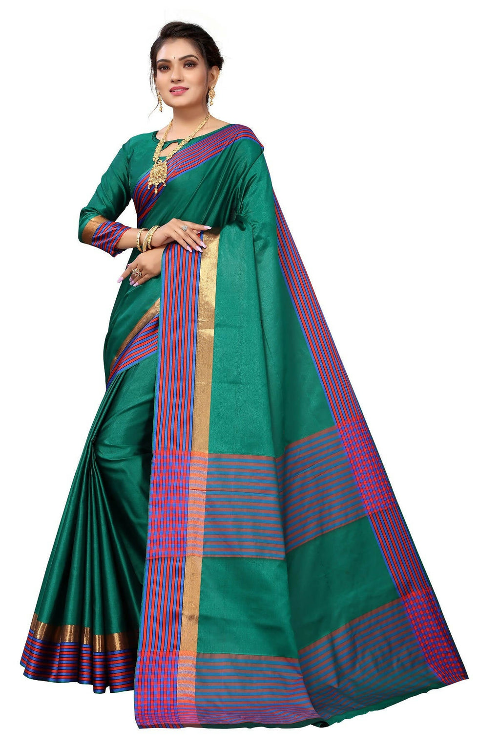 Vamika Ethnic Fire Green Cotton Silk Saree