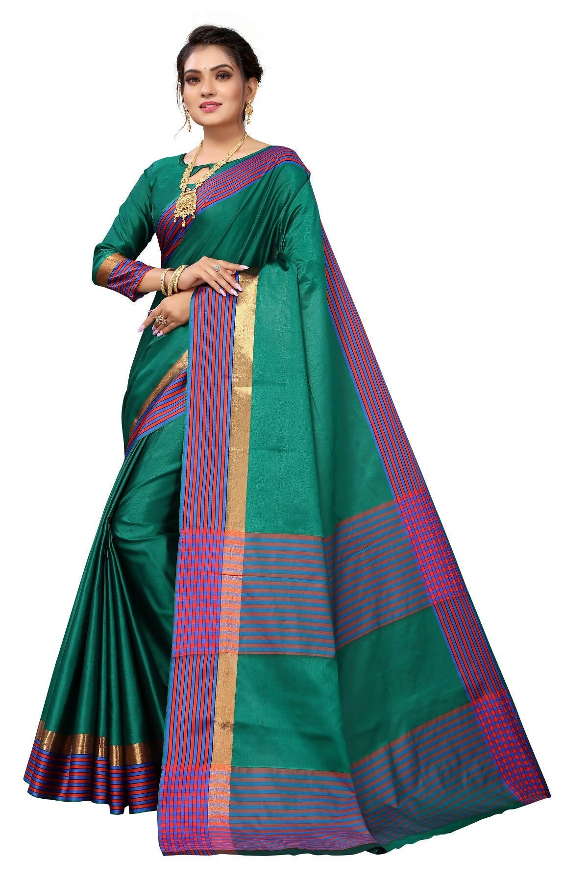 Vamika Ethnic Fire Green Cotton Silk Saree
