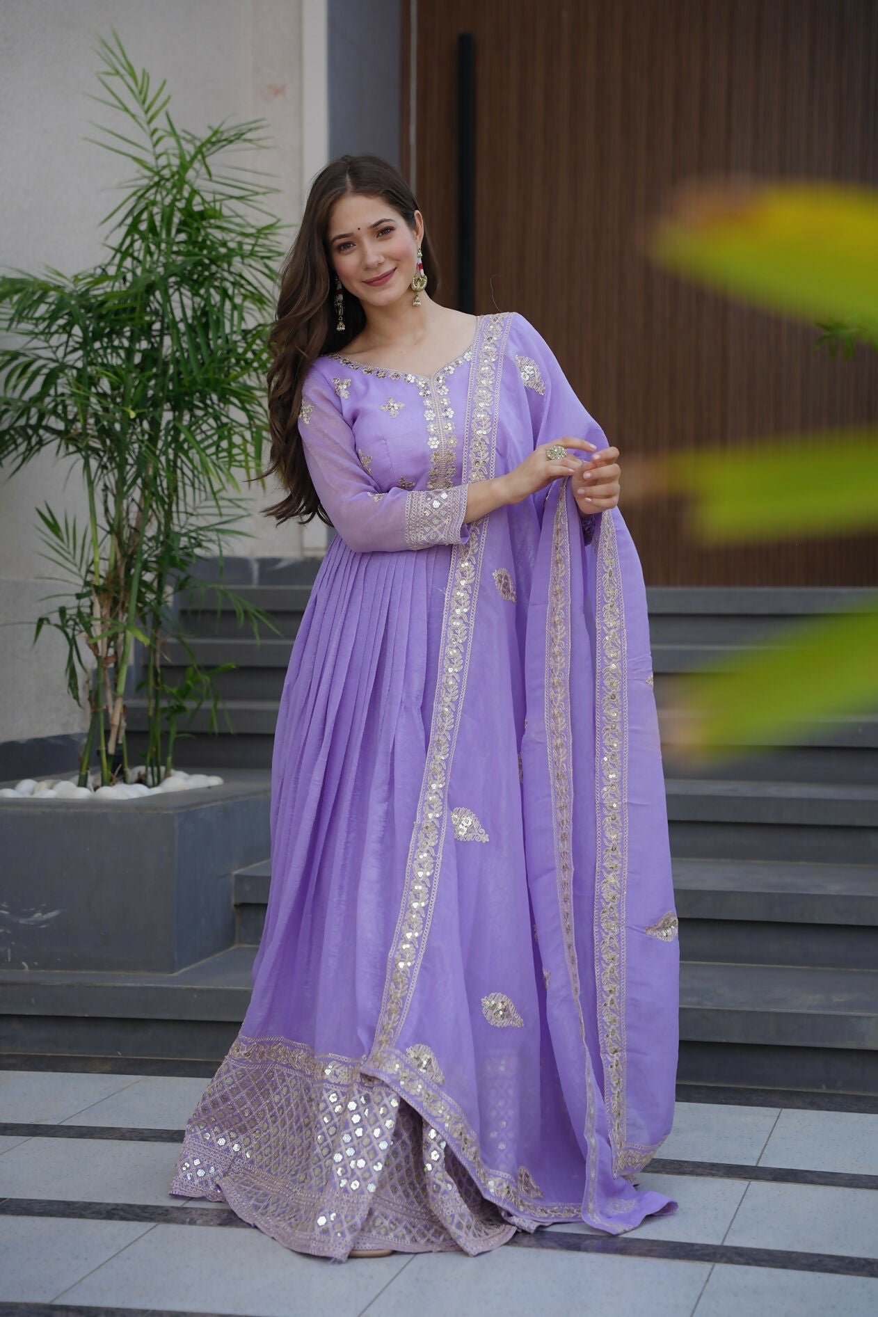 Teeya Creation Lavender Color Crunchy Silk Wedding Wear Embroidery Work Long Gown