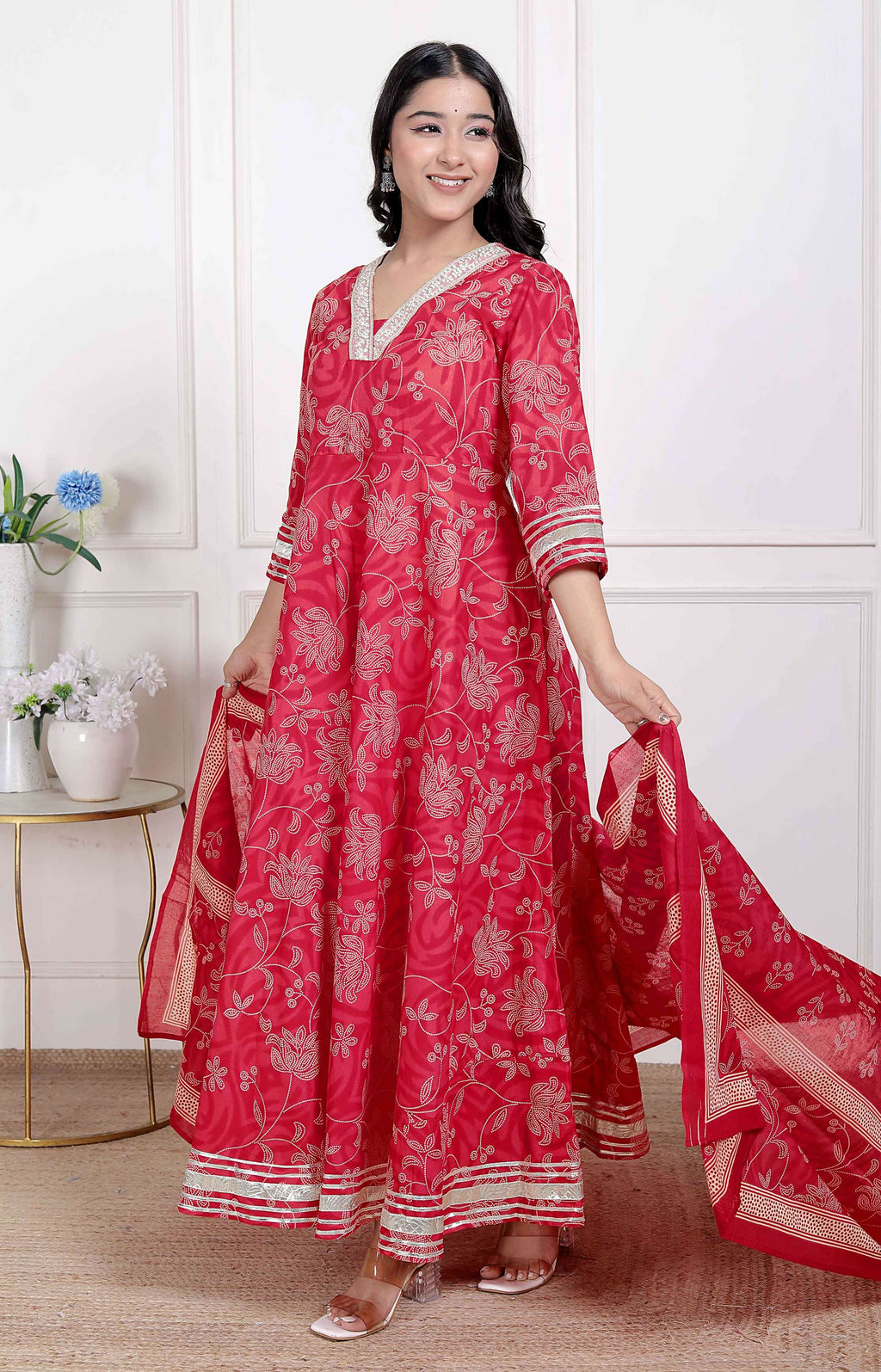 Miravan Women's red Embroidered Anarkali Kurta and Dupatta 