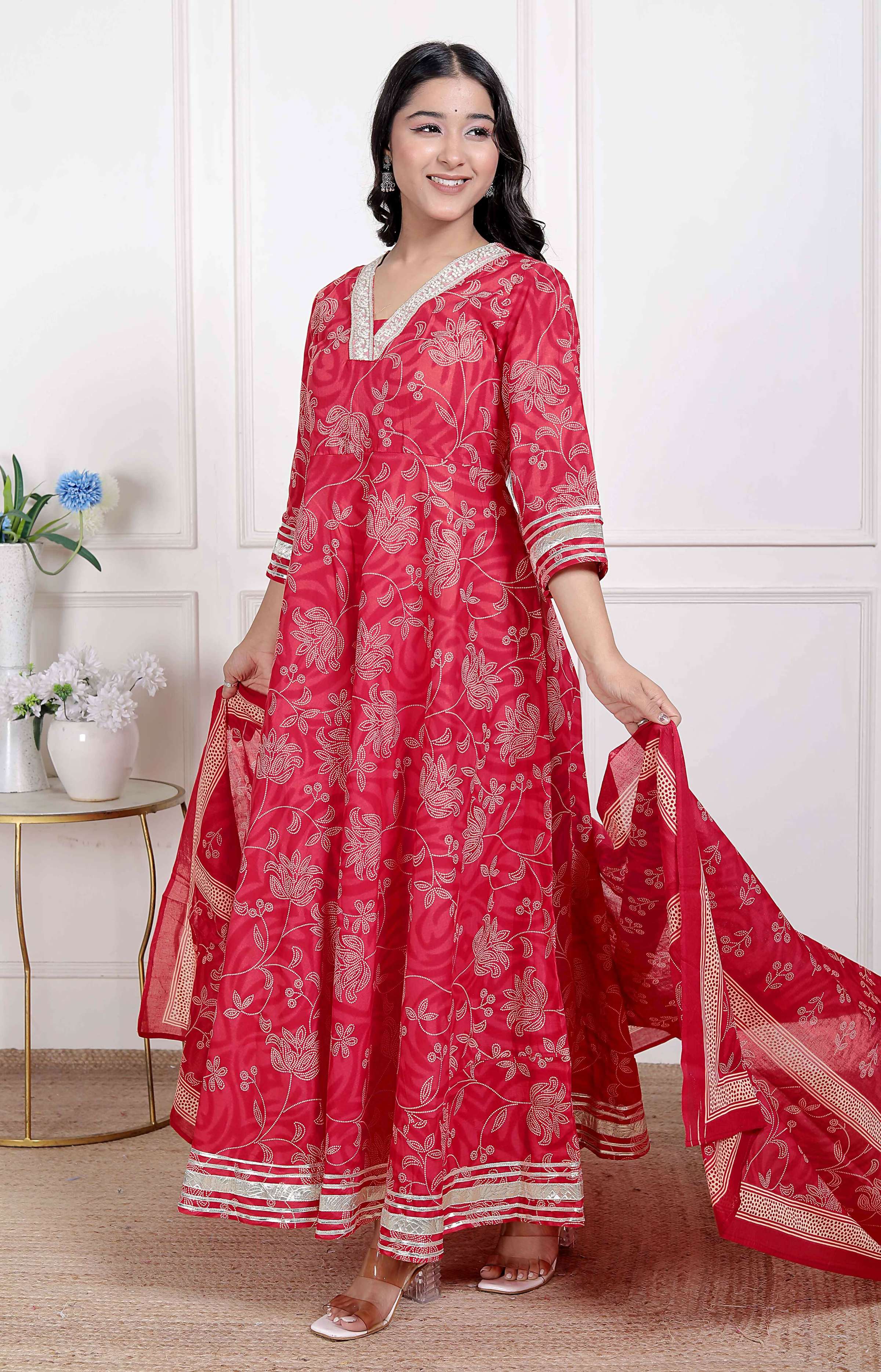 Miravan Women's red Embroidered Anarkali Kurta and Dupatta 