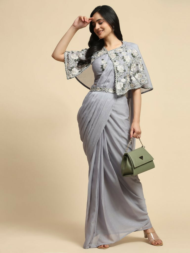 Grey Chiffon Solid Ready to wear Saree with stitched Blouse - Aayan
