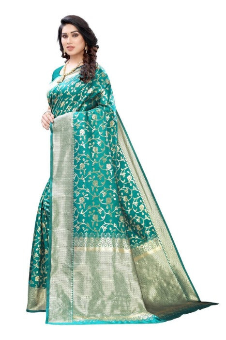 Vamika Banarasi Jacquard Weaving Rama Green Saree (PARINITI RAMA)
