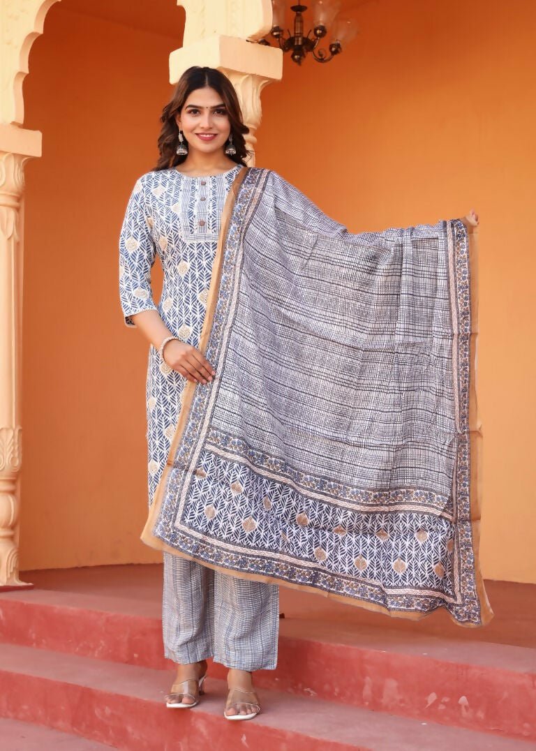 Alvano Alvano Women's 3Pcs Straight Kurti Set Printed Rayon