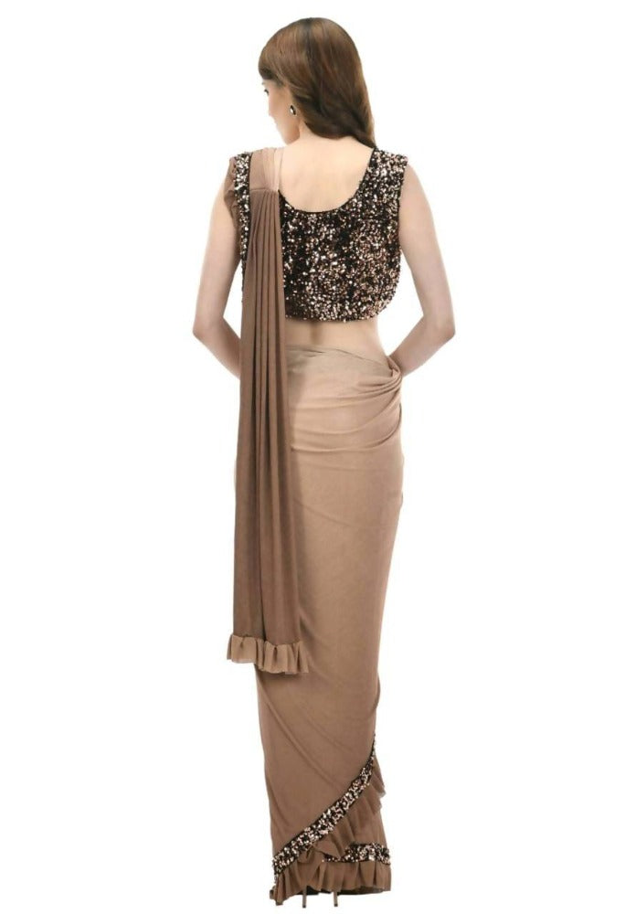 Mominos Fashion All Season Wear Camel Colour Shaded Ruffled Ready To Wear Saree