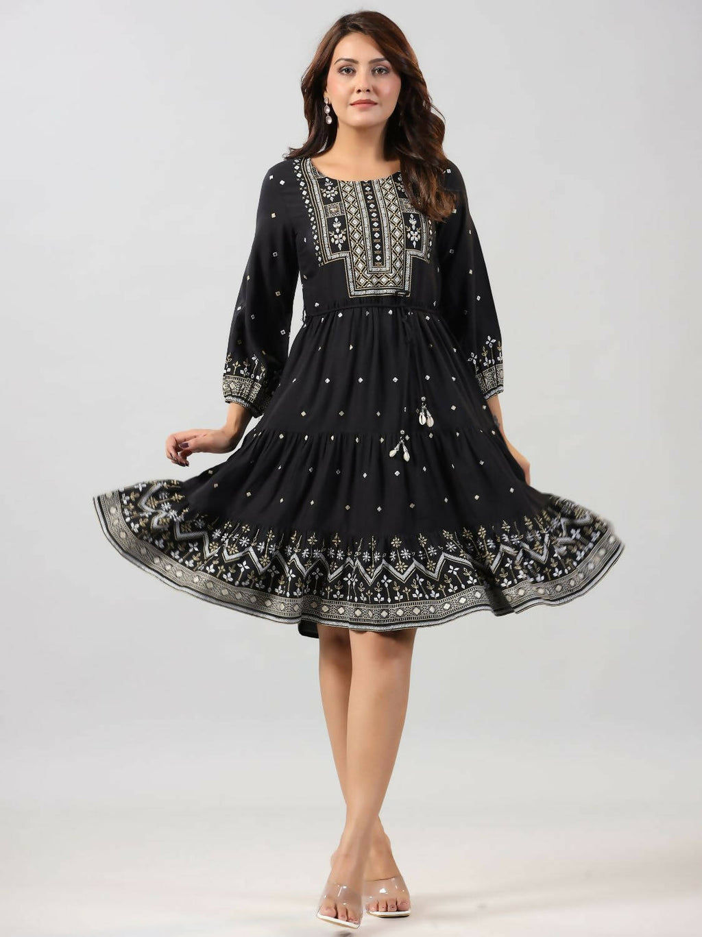 Juniper Women Black Rayon Printed Short Tiered Dress