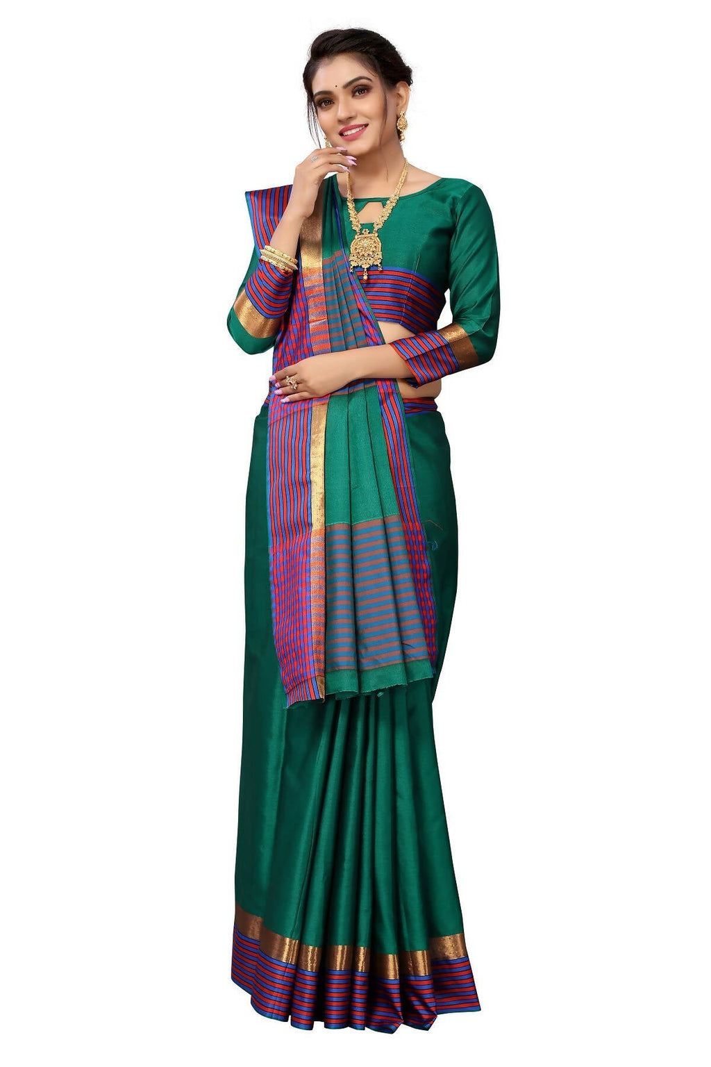 Vamika Ethnic Fire Green Cotton Silk Saree