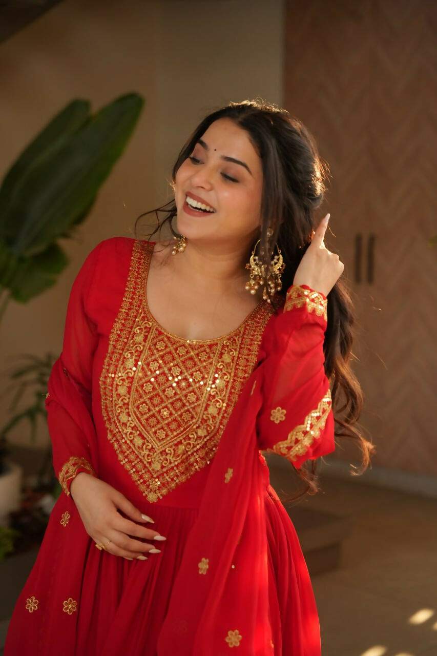 Vastranavya Red Faux Blooming with Embroidery Zari Sequins Work Gown