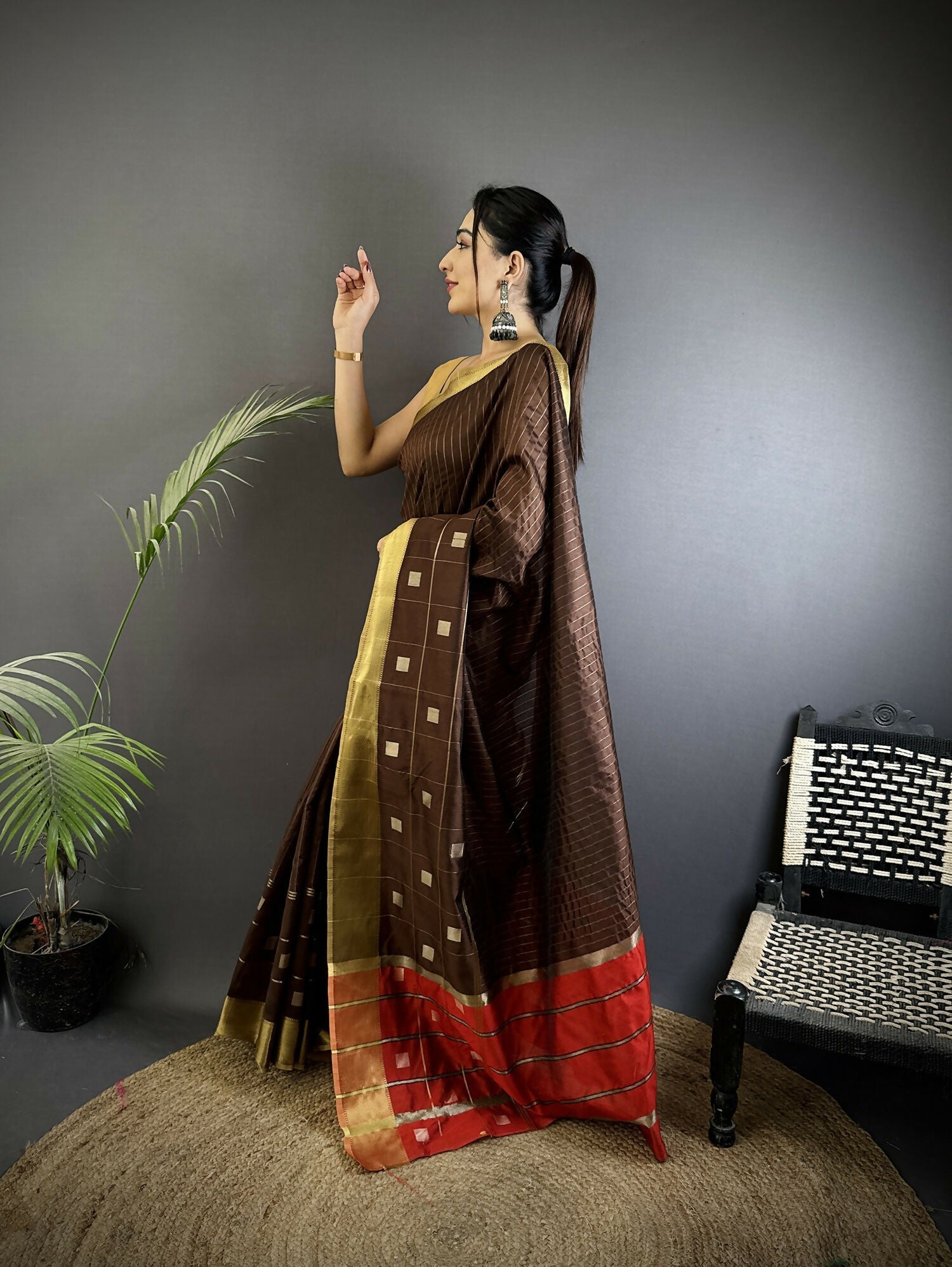 Joban Fashion Chocolate Brown Bhagalpuri Cotton Silk Stripes/Box Saree
