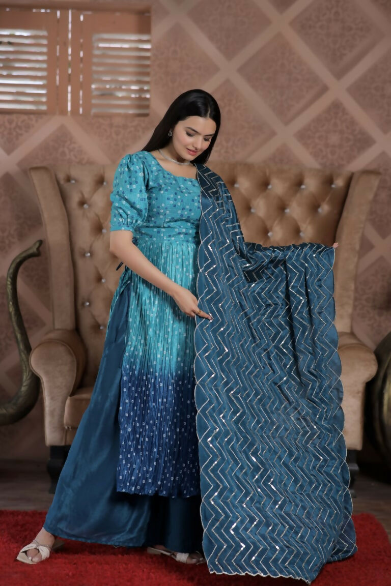 Jyoti Fashion Women's Blue Muslin Floral Print with Crush Pleating Kurta with Trouser & Dupatta