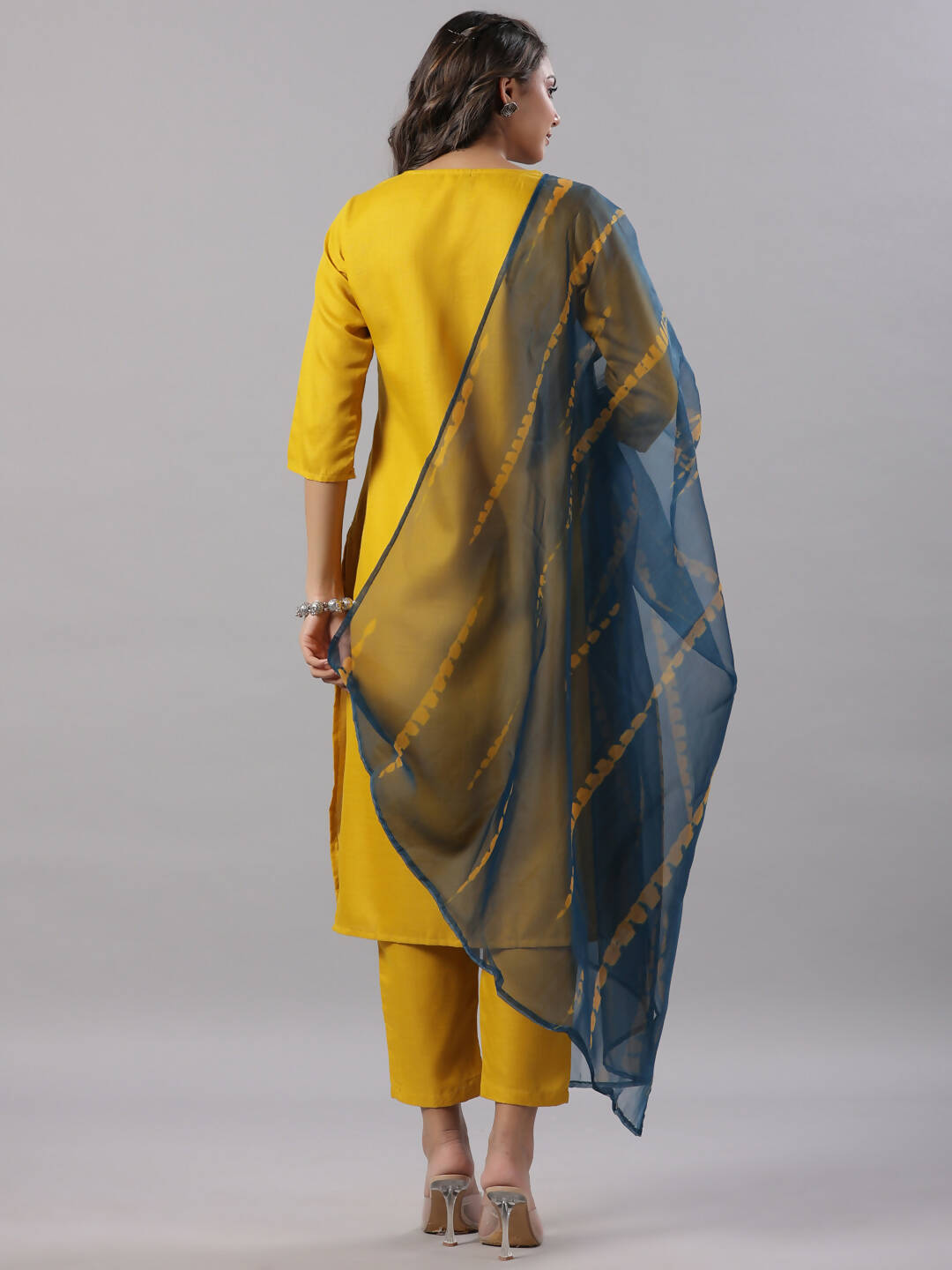 Juniper Women's Mustard Silk Zari Embroidered Kurta Pant Dupatta Set