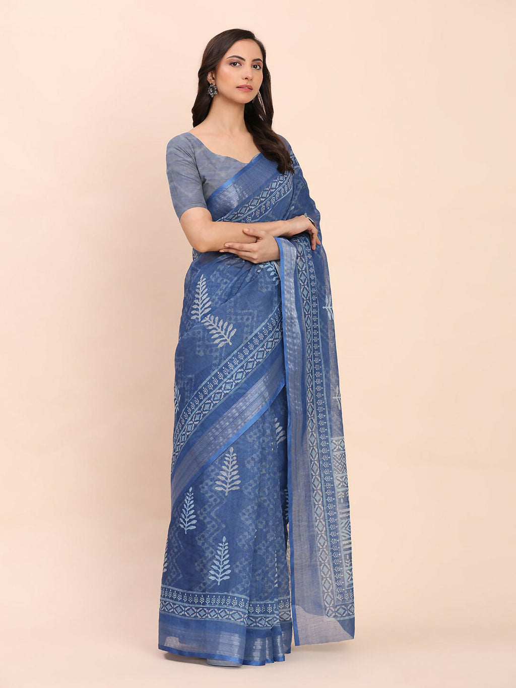 Shree Shyam Fashion Linen Cotton Indigo Blue Saree
