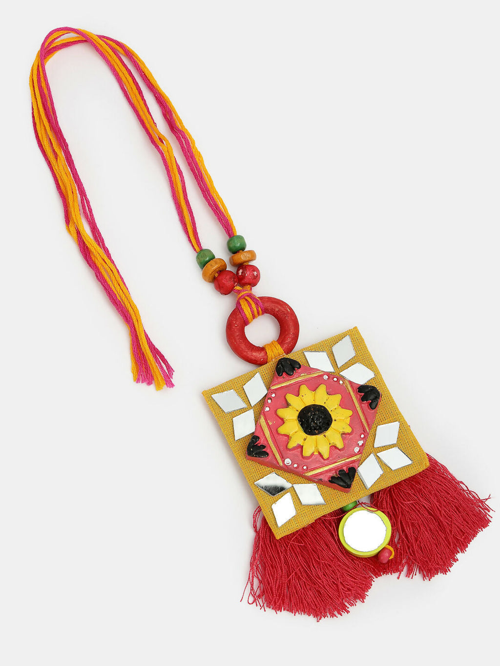 NVR Women & Men Set of 2 Red & Yellow Mirror Work Handcrafted Bhaiya Bhabi Rakhi With Roli Chawal & Chocolate