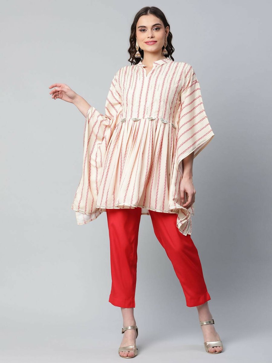 Ahalyaa Womens Off White Crepe Printed Kaftan Pant Set