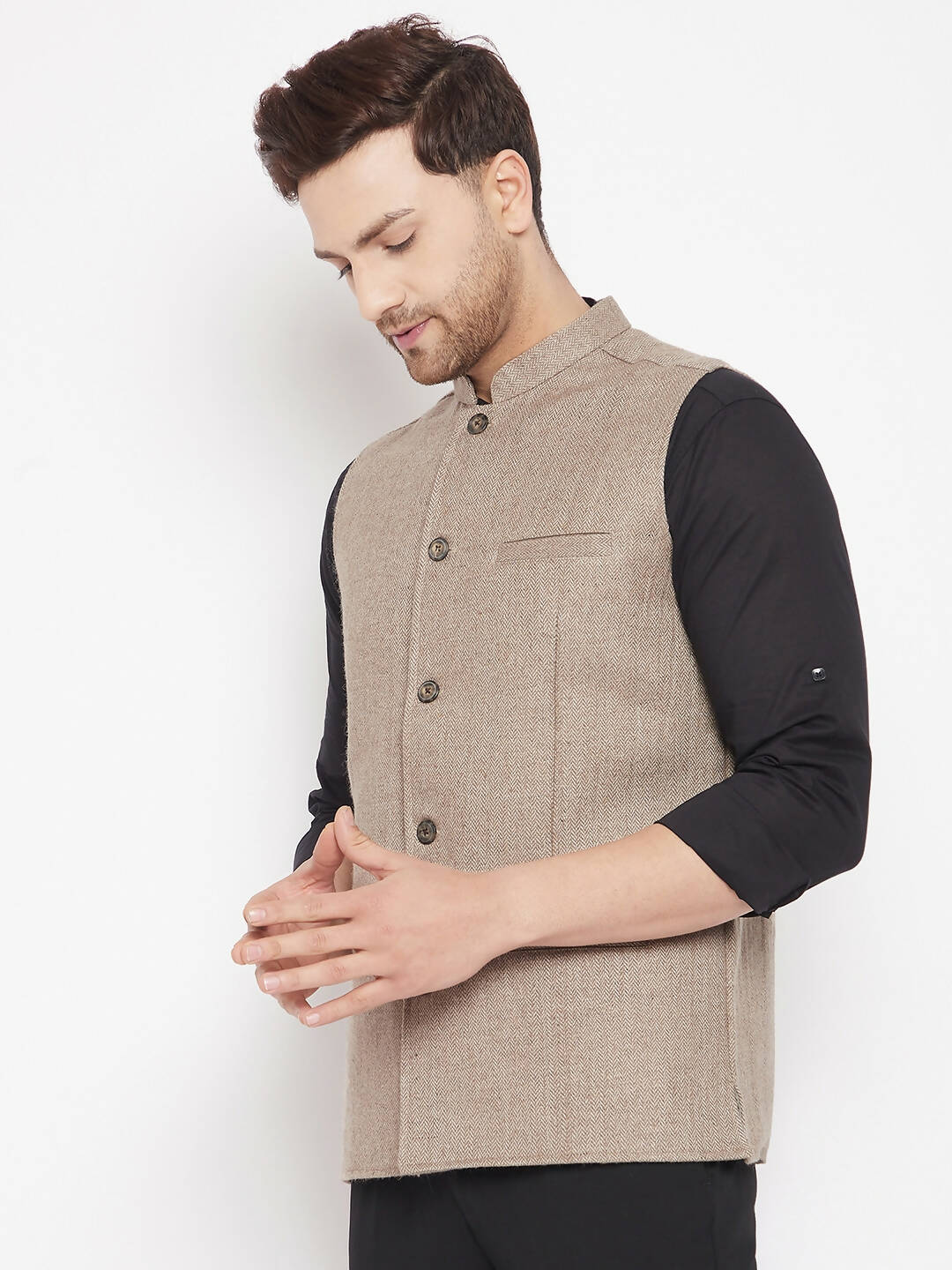 Even Apparels Beige Wool Men Woven Nehru Jacket