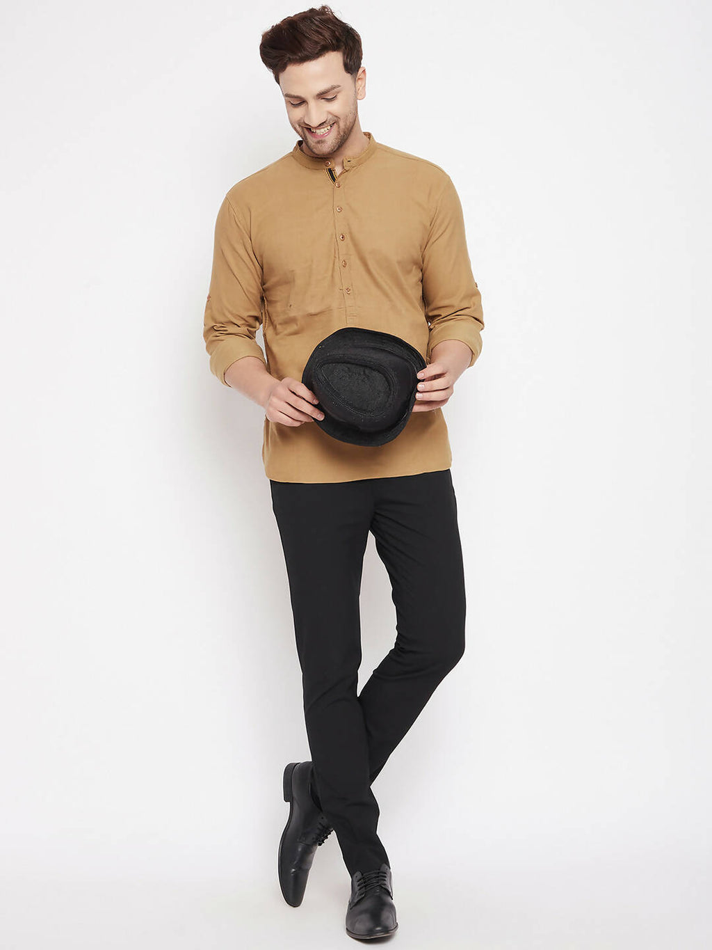 Even Apparels Beige Pure Cotton Short Men's Kurta With Band Collar