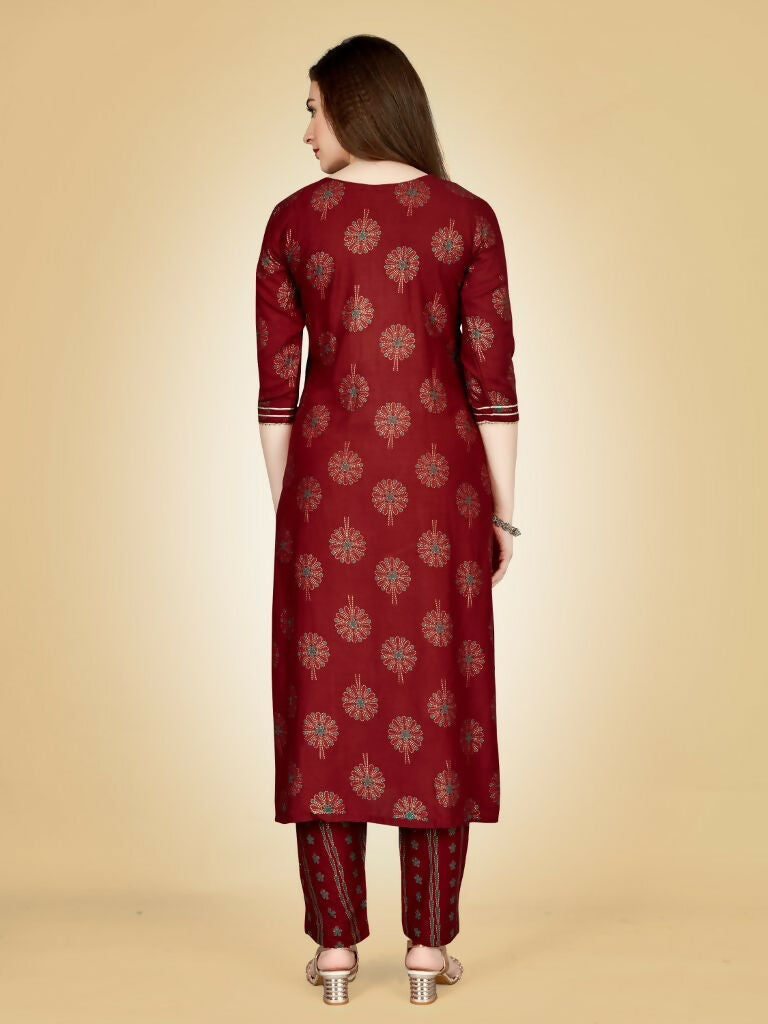 Jyoti Fashion Women's Maroon Viscose Rayon Embroidered Kurta Pant Set