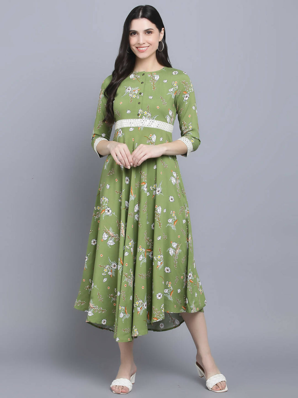 Myshka Women Green Floral Midi Dress