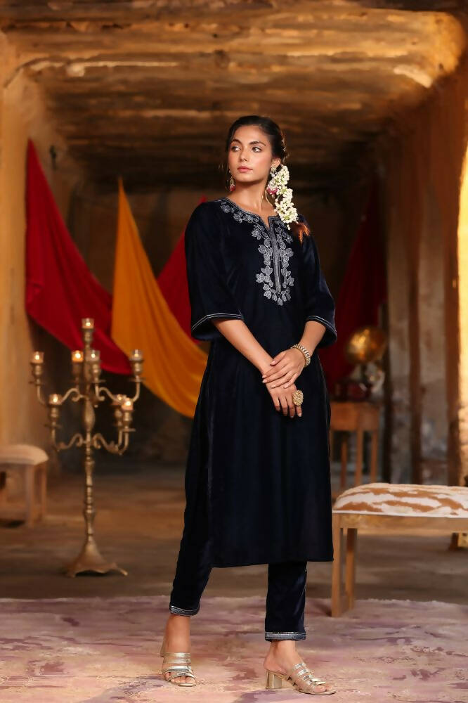 Juniper Women Navy Velvet Embroidered Straight Kurta Sets
