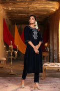 Juniper Women Navy Velvet Embroidered Straight Kurta Sets