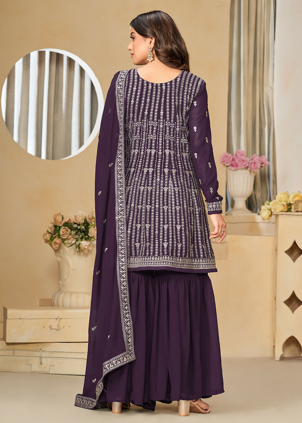 Faux Georgette Purple Embroidered Gharara Style Suit - Emponline