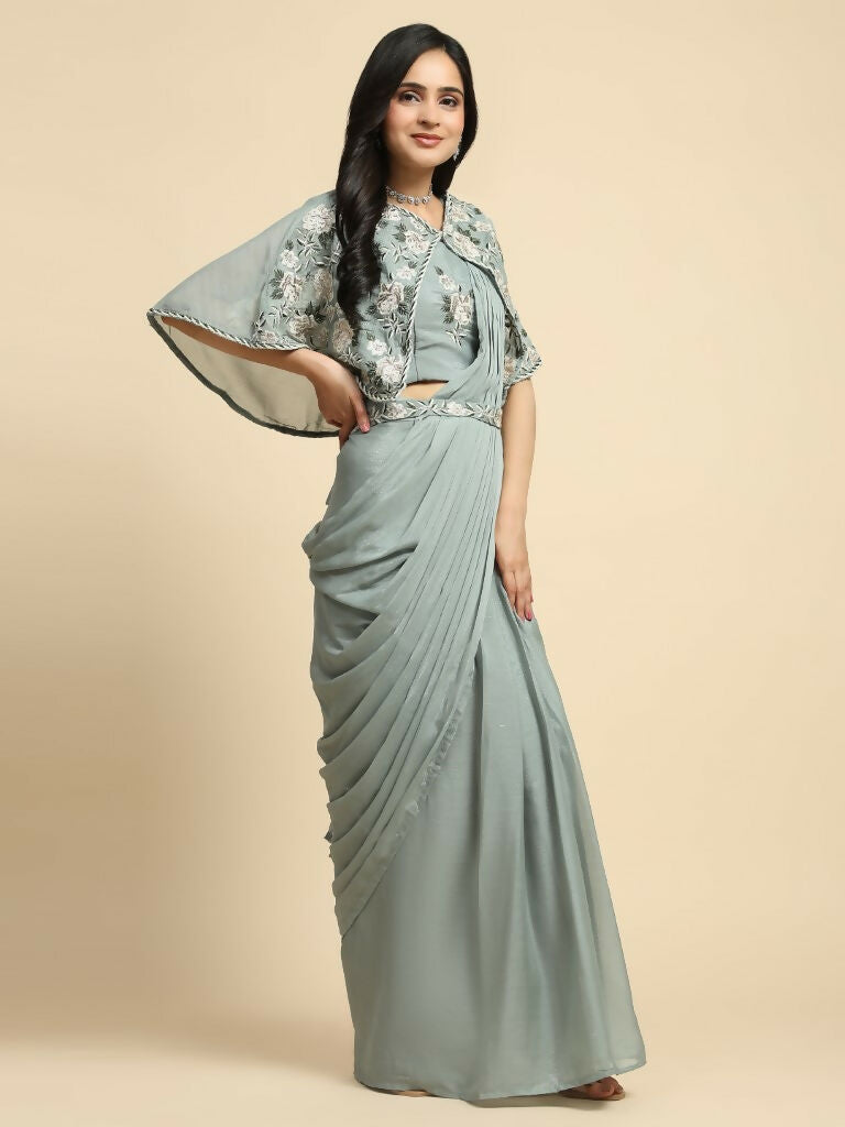 Sea Green Chiffon Solid Ready to wear Saree with stitched Blouse - Aayan