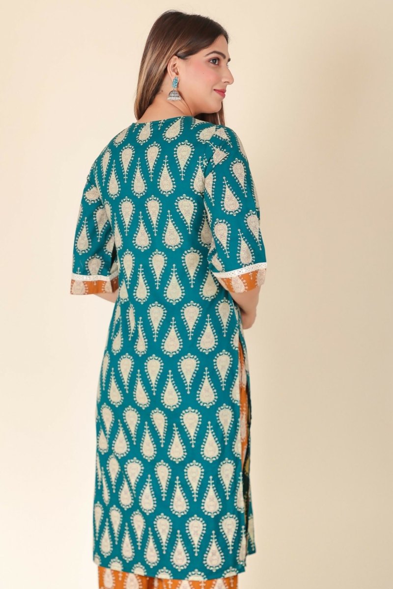 Aramya Turquoise Soft Cotton Floral Straight Kurta for Women