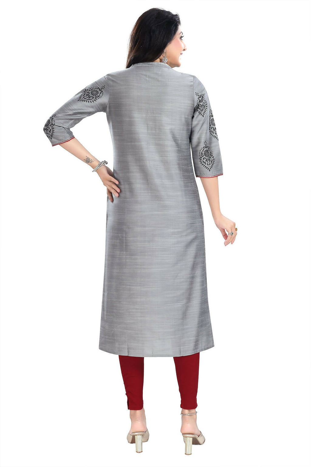 Snehal Creations Grey Raw Silk Block Print Long Kurta For Women
